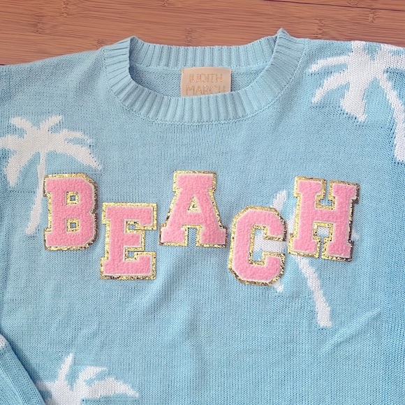 Judith March blue Beach logo embroidered Sweater sz large Palm trees - Picture 1 of 7